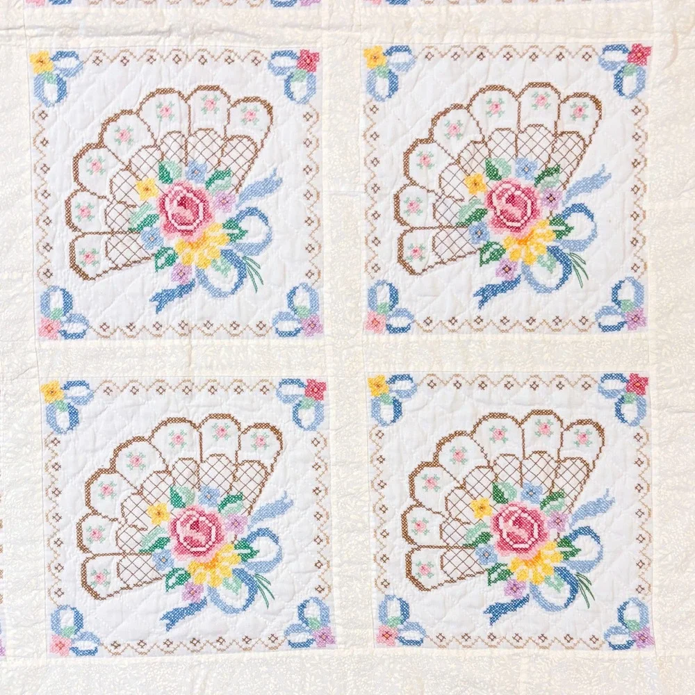 VTG‎ Handmade Quilted Cross Stitch Cottage Floral Fans 52